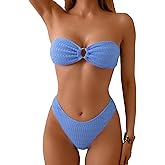 Limeeke Women's Strapless Bandeau Bikini Sets Ring Linked Two Piece Swimsuit Removable Strap Textured Bathing Suit
