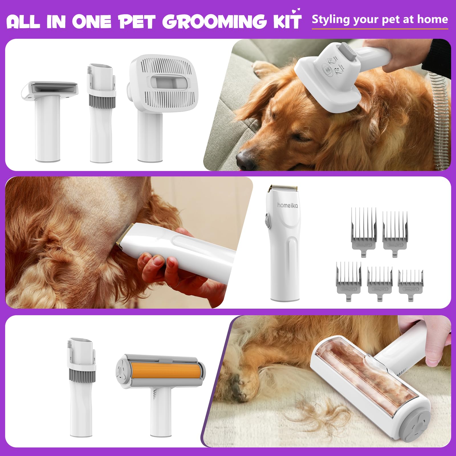 Homeika Dog Grooming Kit & Vacuum, 3L Pet Grooming Vacuum 99 Pet Hair