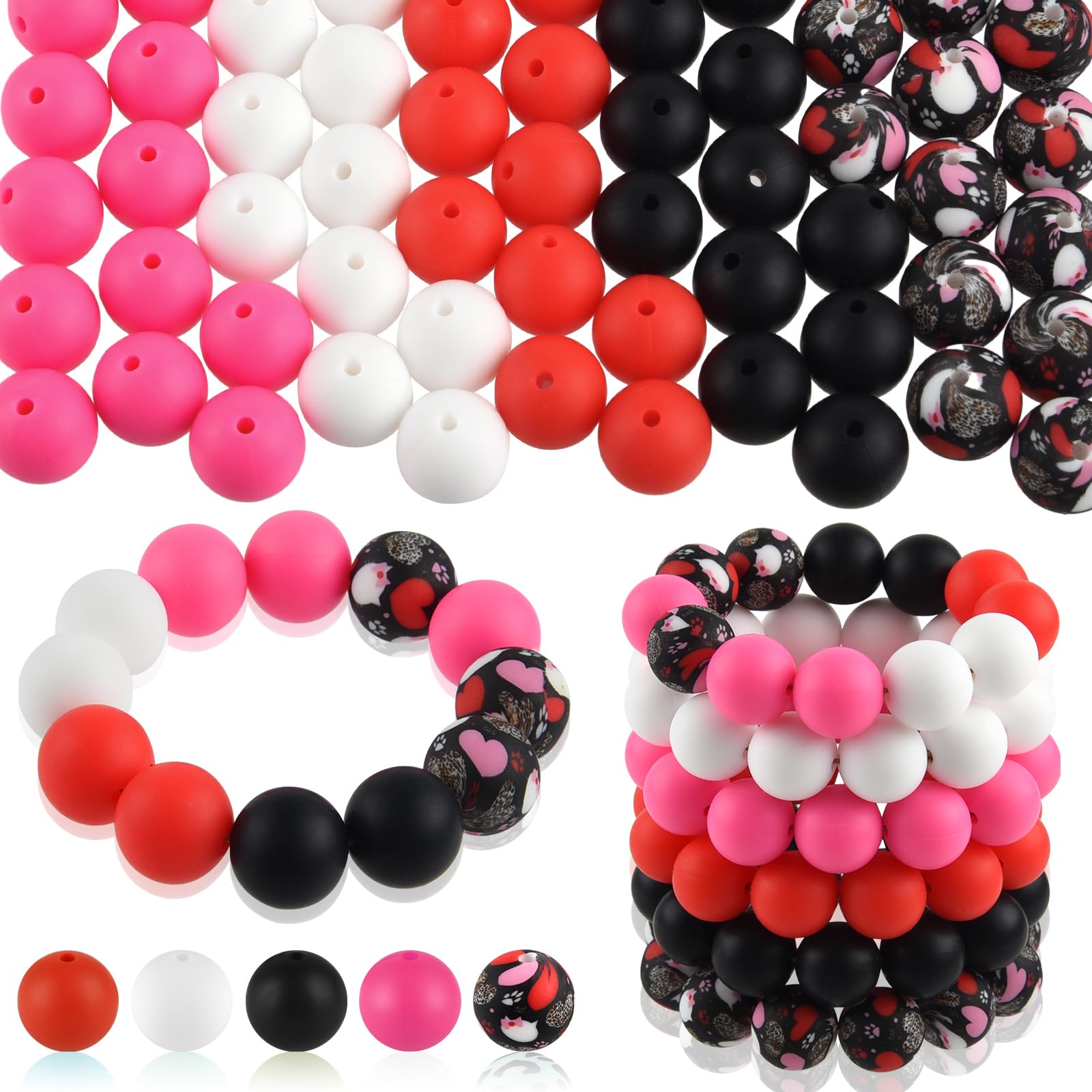 ASTARON 100 Pcs 15mm Silicone Beads for Keychain Making, Red Pink Black White Round Beads for Bracelets Beadable Pens Decorations Crafts Making Party Favours Supplies