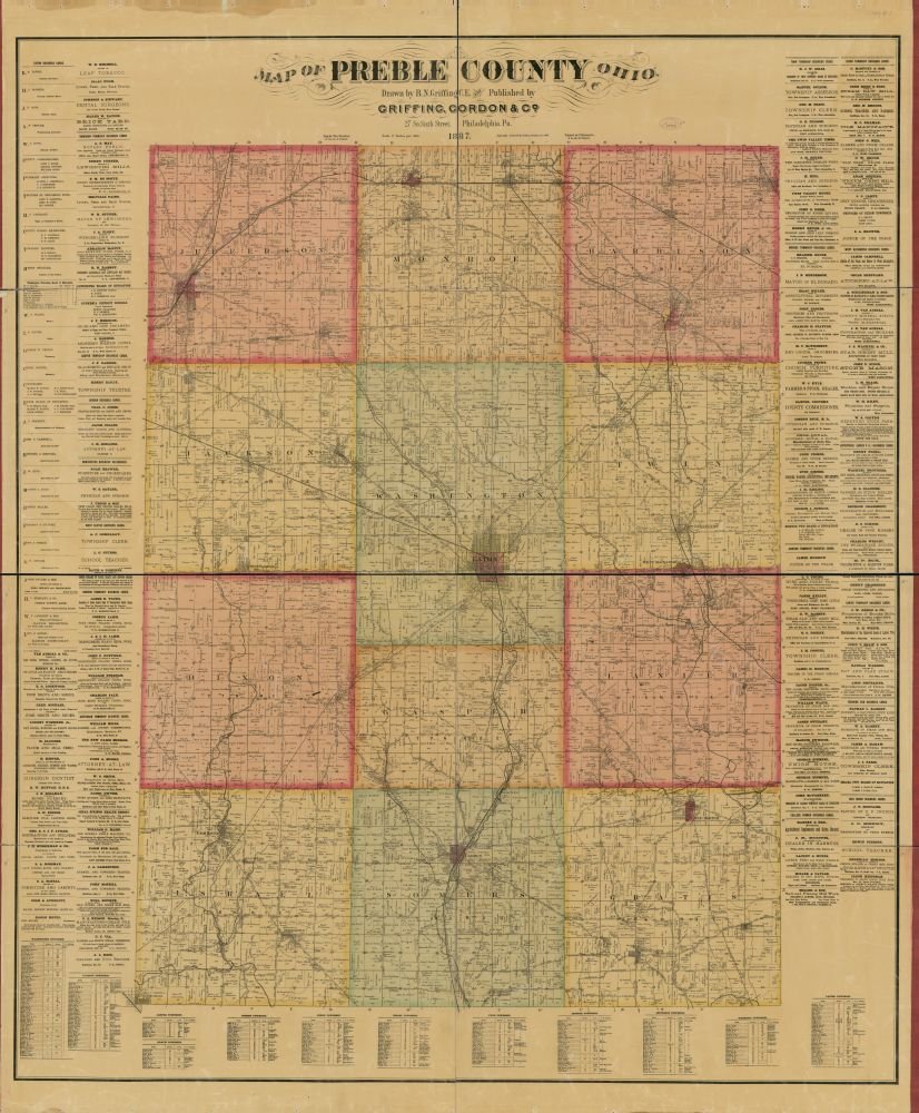 Vintage 1887 Map of Preble County, Ohio Ohio, Preble County