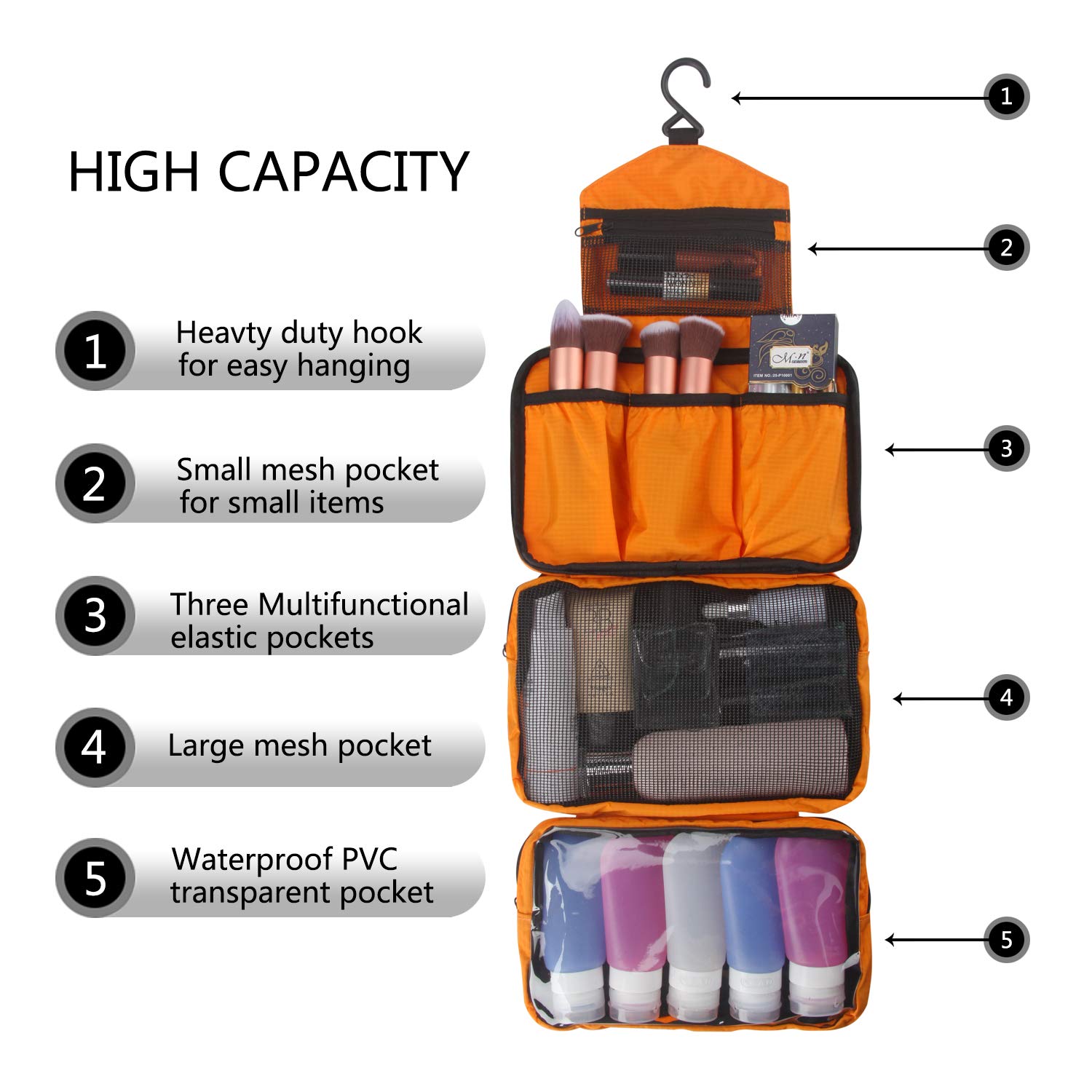 MONSTINA Travel Toiletry Bag Cosmetic Organizers with Hanging Hook Use in Hotel, Bathroom(Orange) : Beauty