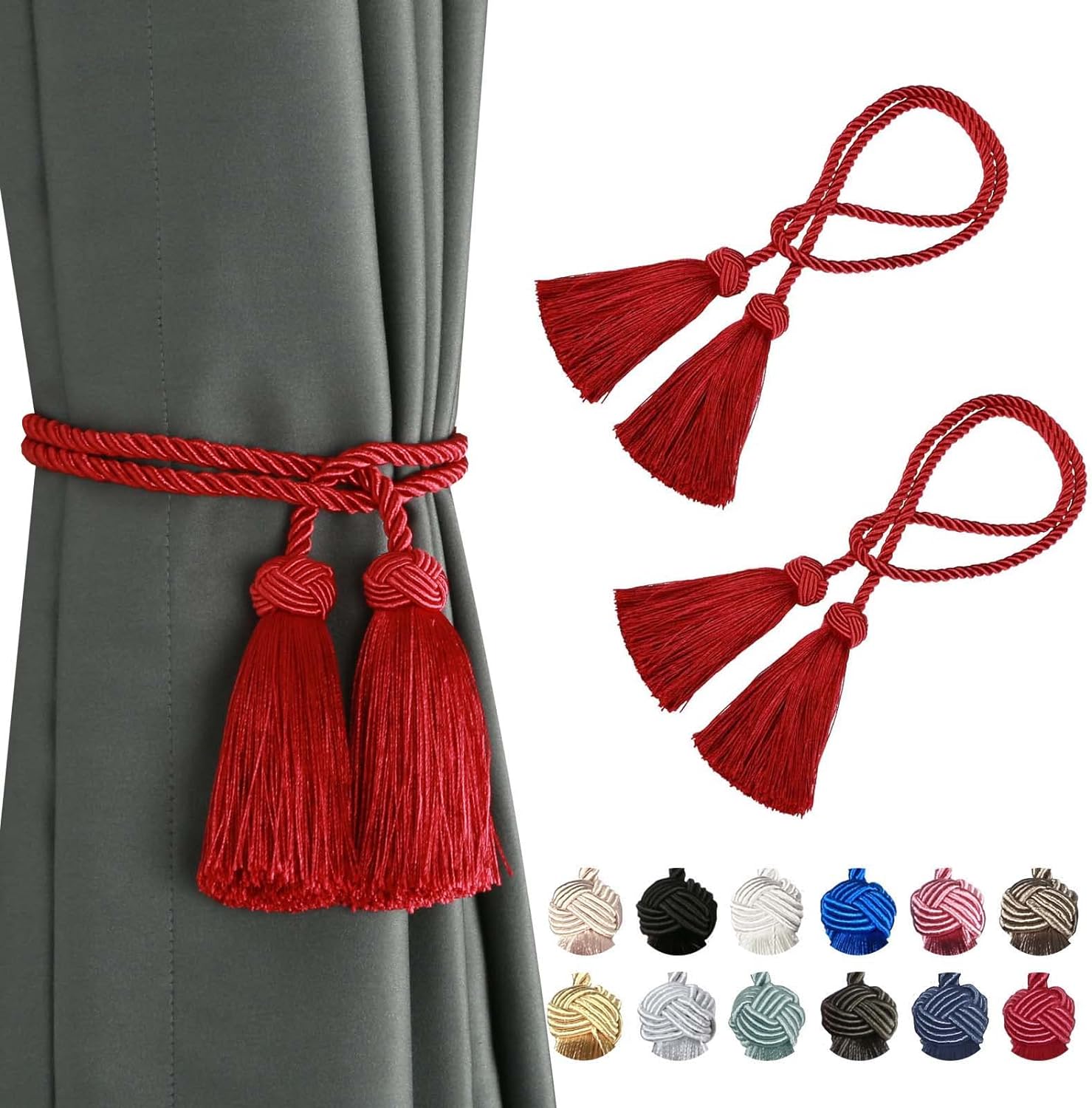 Window Treatment Hardware - BEL AVENIR 2 Pack Curtain Handmade Tiebacks Decorative Curtain Holdbacks with Tassel (Red, 2 Pack)