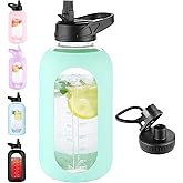 EALGRO 64 oz Glass Water Bottle With Straw and Handle, Half Gallon Sports Motivational Water Jug Flask with Silicone Sleeve, Large Water Cup with Time Marker for Travel, Gym, Seafoam