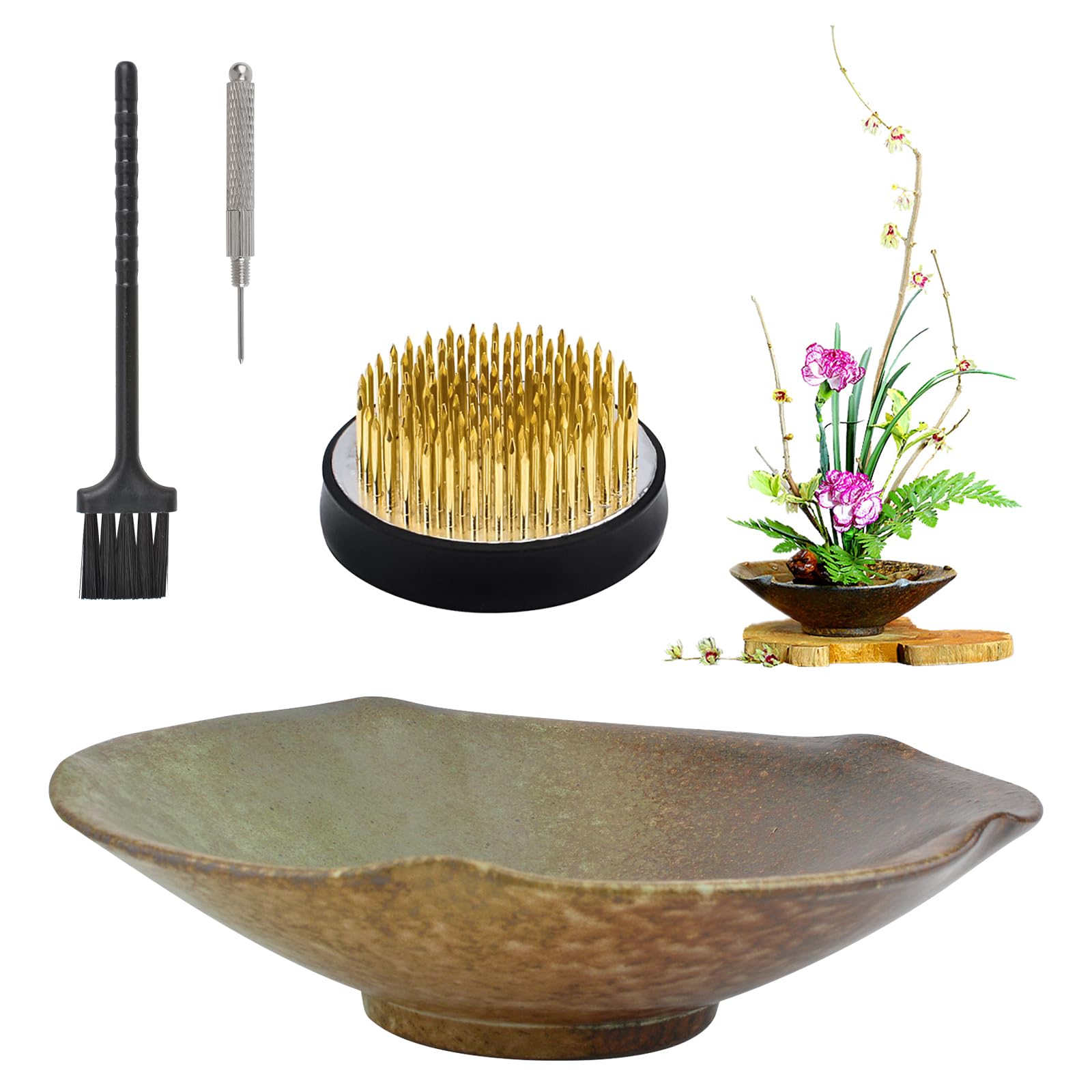 CRAFFANCY Flower Arranging Supplies, Round Flower Frog & Ceramic Lotus Leaf Pot Flower Pot for Ikebana Floral Arrangement Art Home Office Decoration Indoor Outdoor