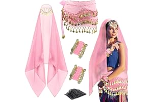 GZJINYUAN 4Pcs Belly Dancer Outfit Sets, Chiffon Head Scarf,Belly Dance Hip Scarf, 2 Coin Wrist Bracelets, 50 Bobby Pins