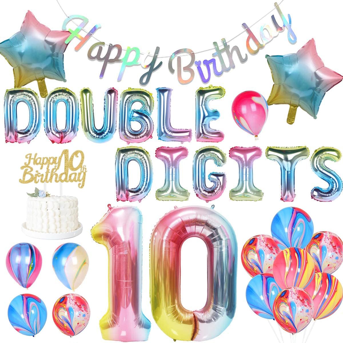 Rainbow 10th Birthday Decorations for Girls Double Digits Decorations Iridescent Happy Birthday Banner Cake Topper Pastel Number 10 Star Rainbow Gradient Balloons for 10 Year Old BRD Party
