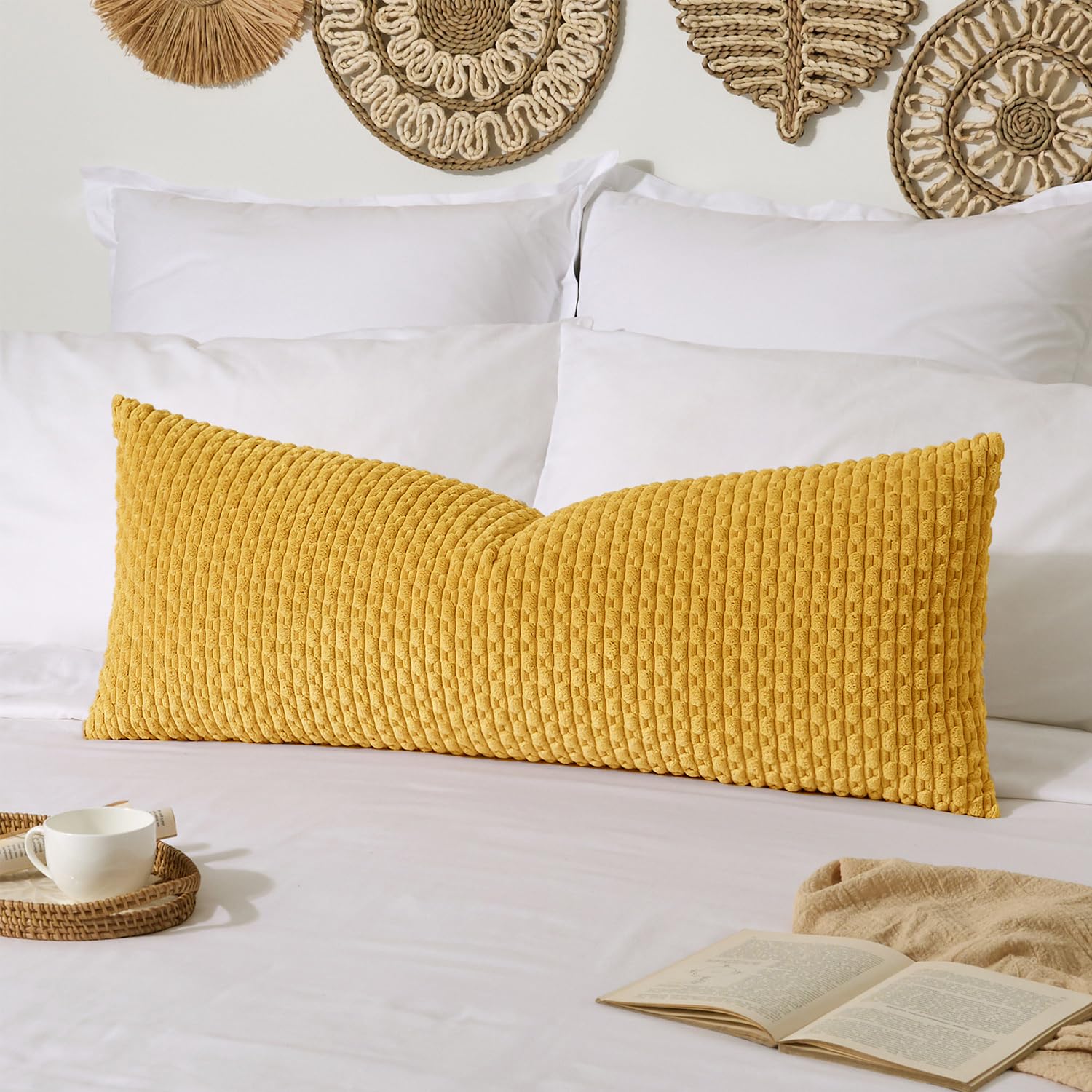 Photo 1 of Kevin Textile 14x36 Inch Long Lumbar 1 Pack Boho Decorative Throw Pillow Cover Soft Striped Corduroy Rectangle Cushion Case Farmhouse Solid Color Accent for Living Room Couch Sofa Bed, Mustard Yellow