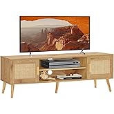 FIONESO Rattan TV Stand for 60 Inch TV, TV Bench, Entertainment Center TV Console with 2 Cabinets & Shelf, Media Console,TV C