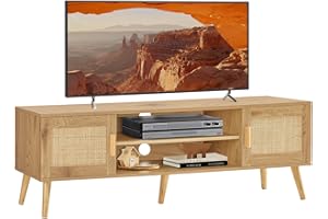 FIONESO Rattan TV Stand for 55 Inch TV, TV Bench, Entertainment Center TV Console with 2 Cabinets & Shelf, Media Console, Rat
