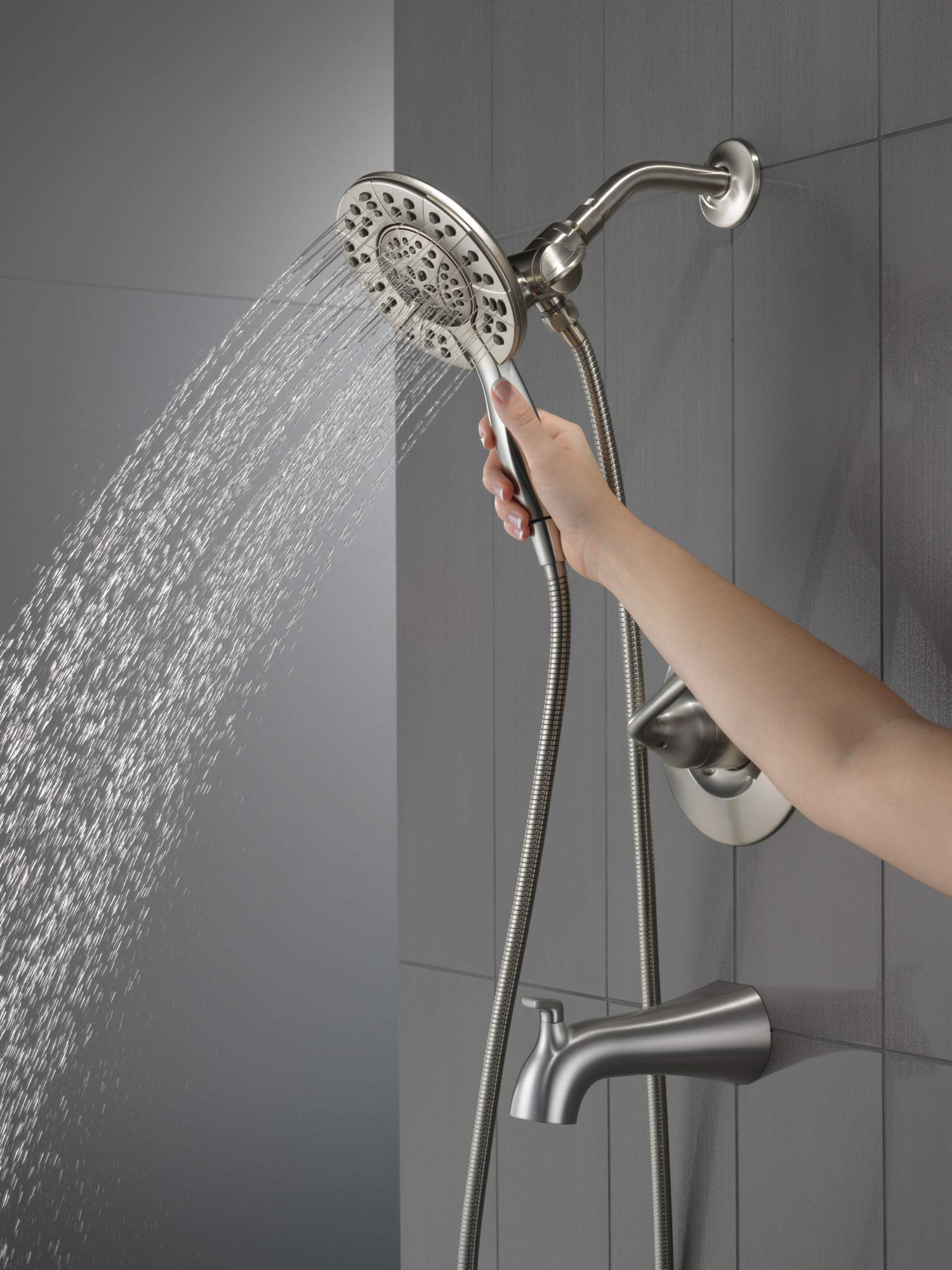 Delta Arvo 14 Series Brushed Nickel Bathtub Shower Faucet Set with In2ition 2-in-1 Dual Shower Head with Handheld Spray Combo, Valve Trim Kit, Spotshield Stainless 144840-SP-I (Valve Included)