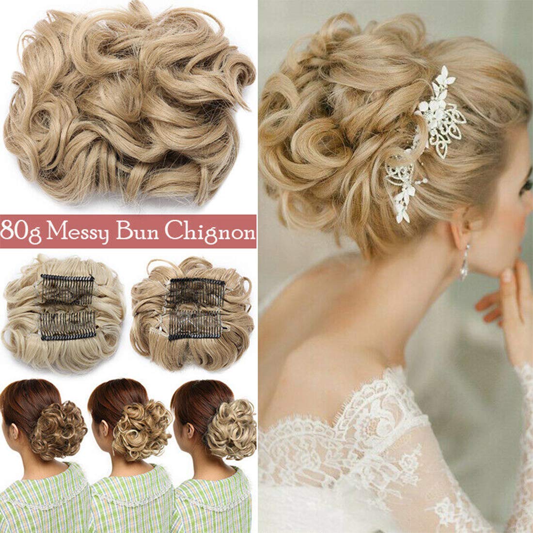 Scrunchy Updo Combs Ponytail Hair Extensions Clip in Bun Claw Jaw on Donut Chignons Warp Around Hairpiece Wavy Curly Coffee brown mix Bleach blonde