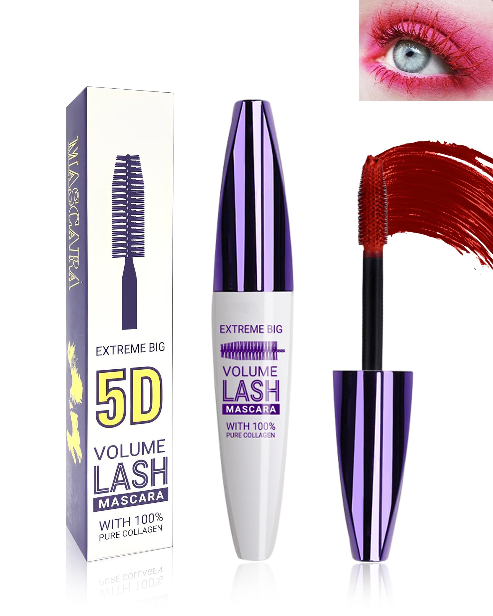 5D Waterproof Mascara Red with Eyelash Brush, Long Lasting Smudge-proof Mascara for Eyelashes, Volumizing Lengthening Curling Eye Lashes,Telescopic Thick Mascaras,Cosplay Halloween Stage Eye Makeup — image 1