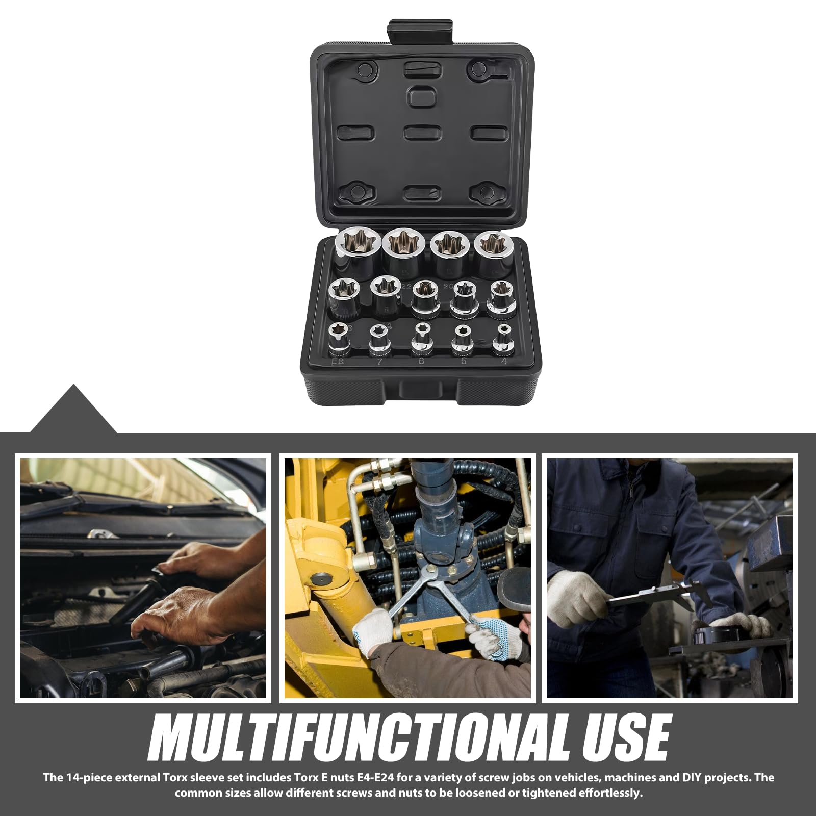 LEKEFETO 14-Teiliges Außen Torx Steckschlüssel Set 1/2'', 1/4'', 3/8'', Torx E Nüsse E4-E24 aus CR-V, Schraubenausdreher Satz, Muttern Entferner Set, Spiral-Profil-Steckschlüssel-Satz Bolzen Extraktor 7