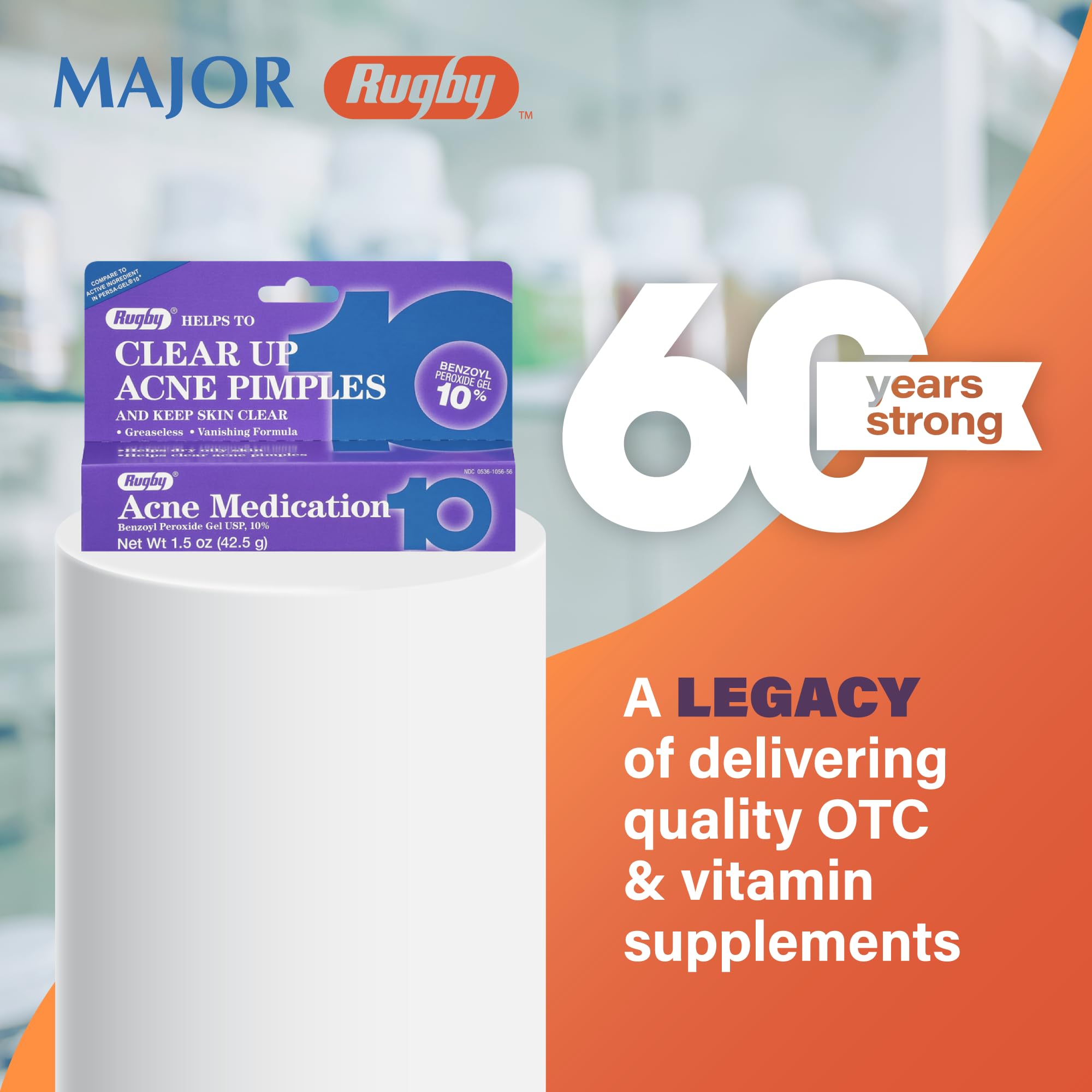 Rugby Acne Medication Benzoyl Peroxide Gel USP, 10% - Clear Up Acne Pimples - Greaseless, Vanishing Formula - 1.5 Oz (42.5g) - 3 Pack