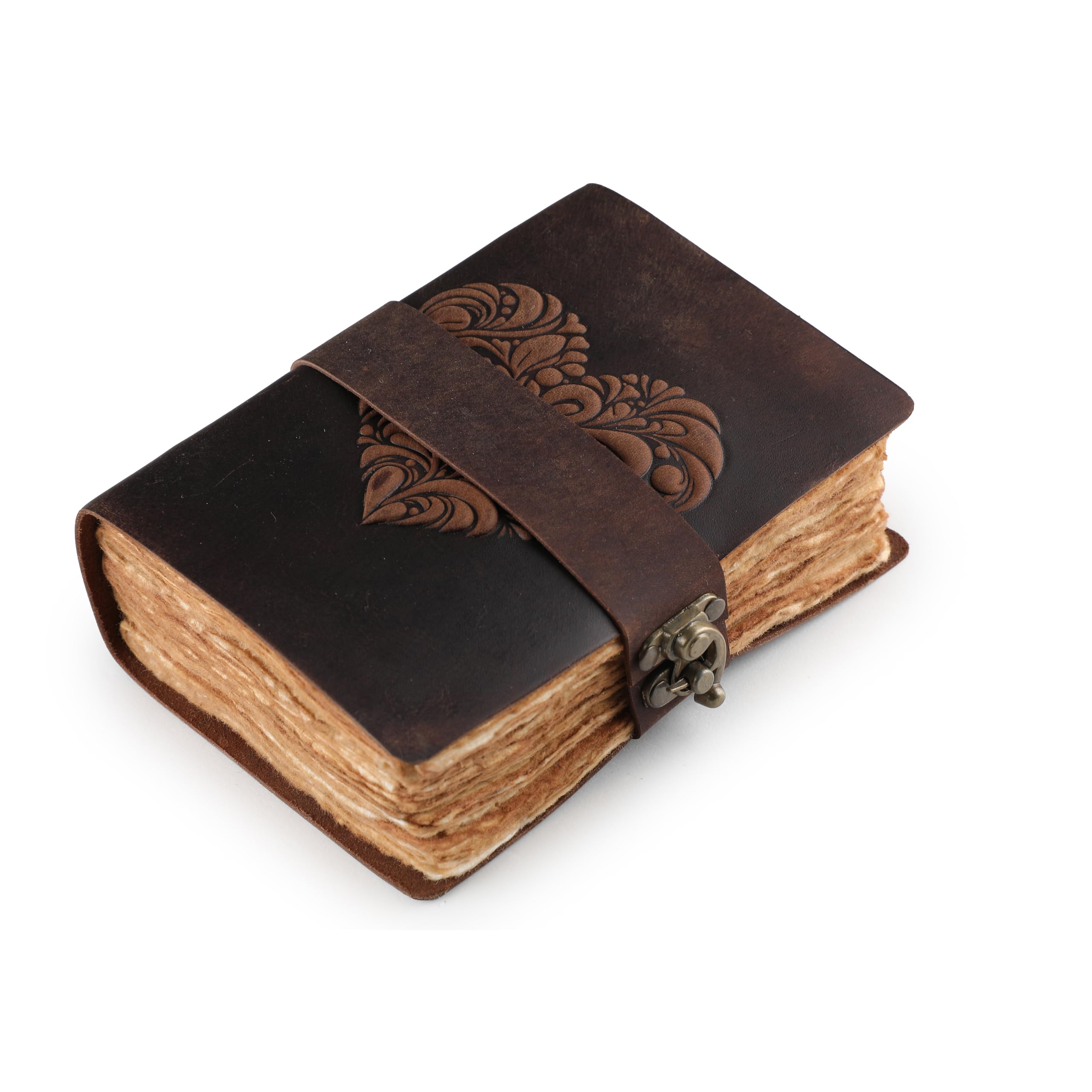 Fausta Heart Embossed Vintage Leather Journal with Brass Lock Belt, 240 Pages 7"x 5"| Deckle Edge Cotton Paper Travel Journal 150 GSM|Handmade Writing Notebook, Brown Sketchbook | Gift for Women & Men