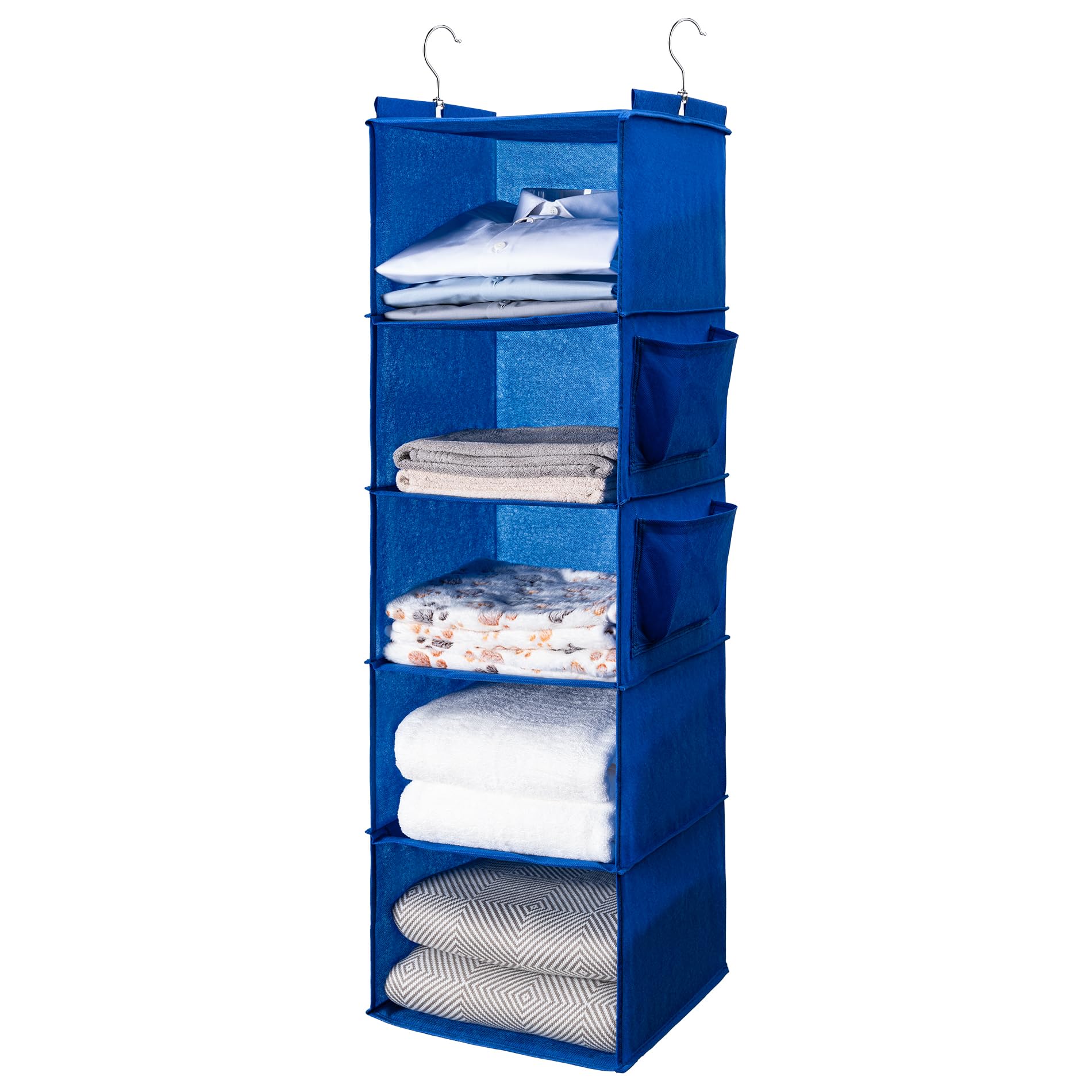BOOMIBOO Hanging Closet Organize and Shelves,5-Hanging Shelf with 2 Side Pockets,Storage Foldable (Blue)