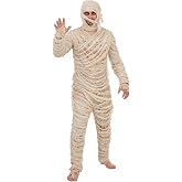 Men's Mummy Halloween Costume | Adult Classic Horror Theme with Bodysuit with Attached Head Wrap and Bandage Strip