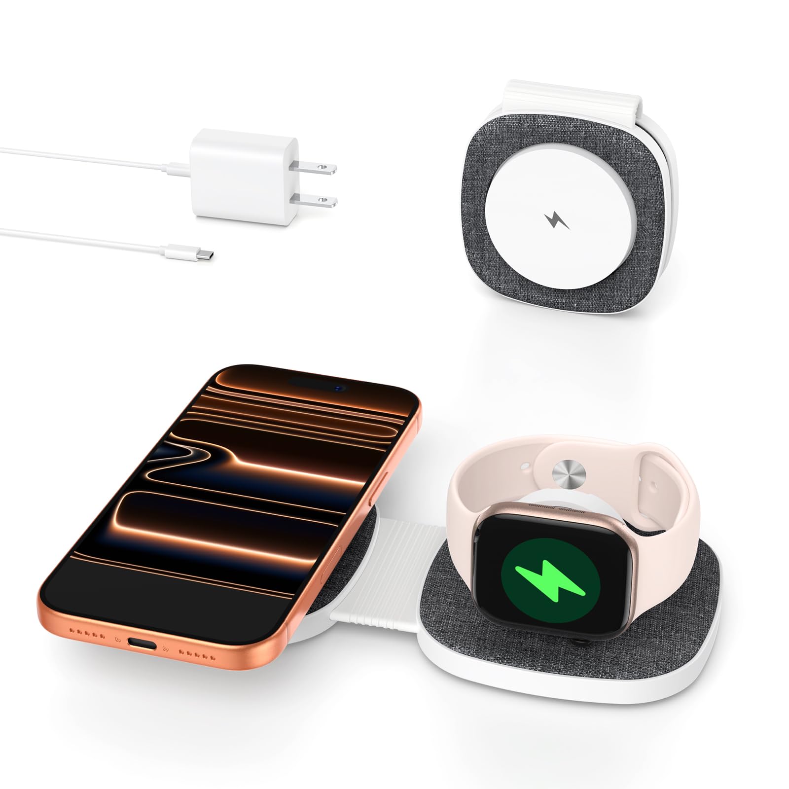 Charging Station for Apple Multiple Devices：2 in 1 Foldable Wireless Charger for Magnetic Wireless Charger Station Travel Charging Pad for Apple iPhone 17 16 15 14 13 12 Series& Apple Watch& Airpods
