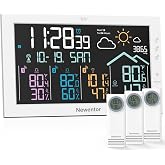Newentor Weather Stations Wireless Indoor Outdoor with 3-Sensors Monitor | 7.5" VA Color Weather Station Atomic Clock, Inside Outside Tem&amp;Hum, Barometer, Forecast, Dimmable, AC Powered, White