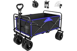 SZHLUX Collapsible Foldable Wagon,Beach Wagon with Big Wheels for Sand,Utility Grocery Wagon with Side Pocket and Brakes for Camping Sports Outdoor Activities
