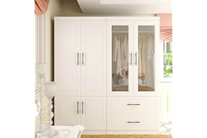 Keloyid Armoire Wardrobe Closet, Wood Bedroom Armoires Wardrobe Cabinet with 4 Door 2 Drawers, Freestanding Tall Wardrobe Closet with Shelves and Hanging Rail
