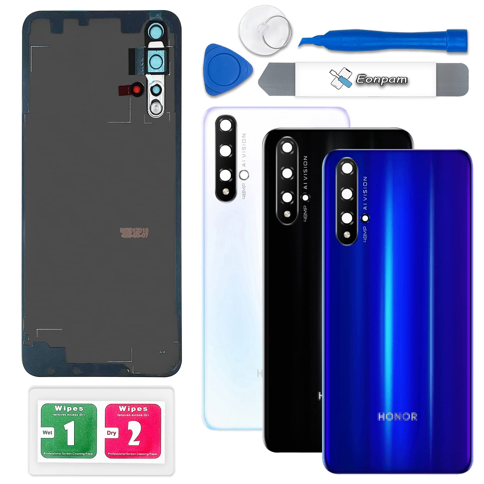 Eonpam Back Cover Glass for Honor 20 Rear Glass Replacement with Camera Lens + Repair Kit Genuine Rear Housing (Blue)