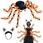 Garma Halloween Giant Spider Costume for Kids Adults, 60 LED Halloween Plush Spider Candy Backpack Props with Halloween Spider Party Headband Topper Halloween Decorations Accessories- Battery Required