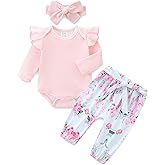 Bibimom Infant Girl Clothes Long Sleeve Ruffle Bodysuit Floral Pants Bow Headband Sets Fall Winter Spring Outfits