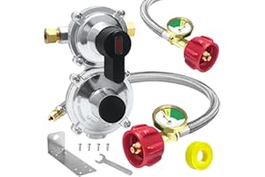 MEFUN RV Propane 2-Stage Auto Changeover LP Propane Gas Regulator-2 Tank with Two 18" RV Pigtail Propane Stainless Braided Hoses with Gauge Dual Propane Tank Regulator for RVs, Vans, Trailers,Campe