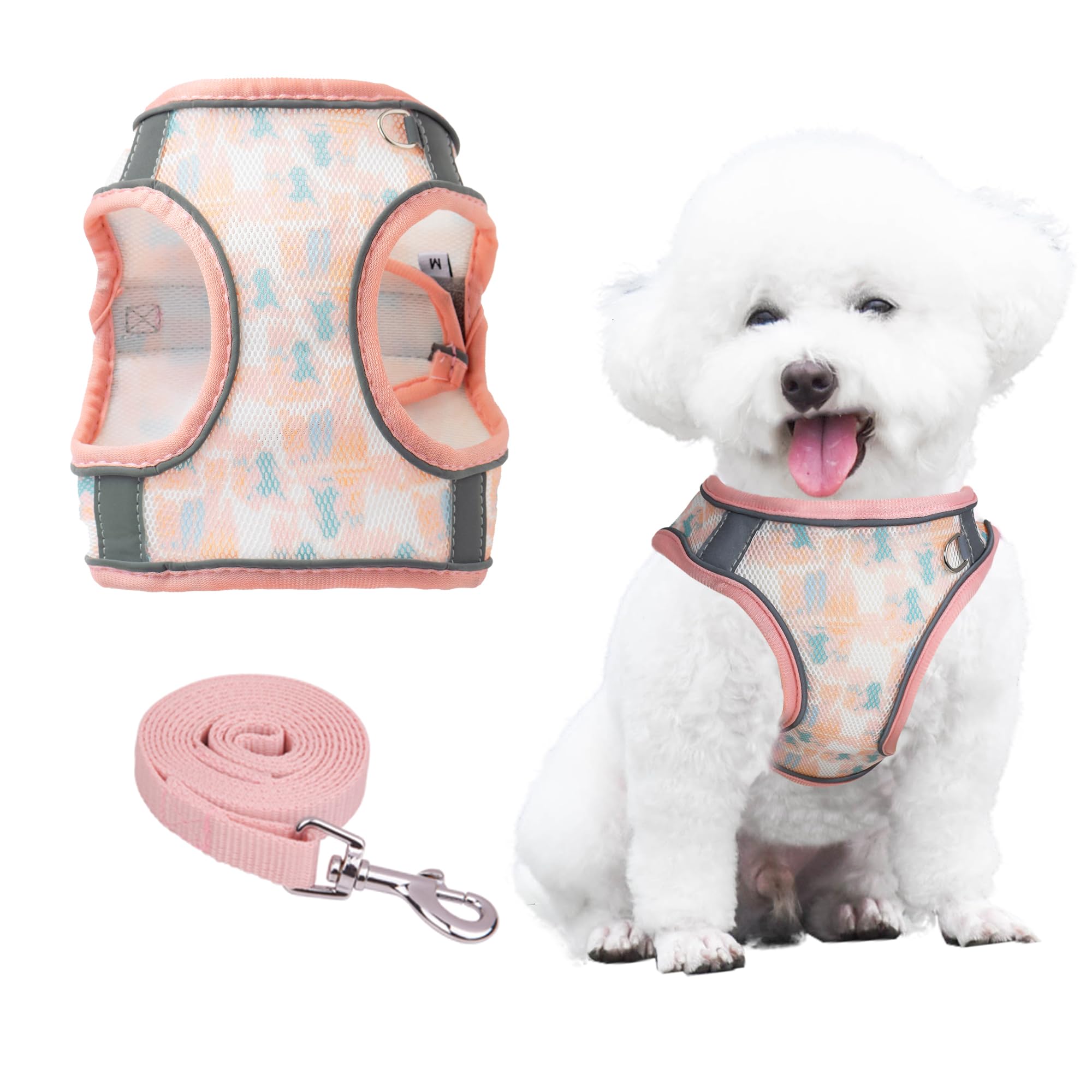 PawSailor Summer Dog Harness and Lead Set for Walking, Floral Print No Pull Soft Air Mesh Breathable Reflective Adjustable Pet Vest Harness for Small Dogs Cat Coral S