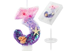AKURIEEY Birthday Candles, Pink and Purple Number 3 Candles Decorated with Conchs Starfish and Pearls for Mermaid Theme Party Cake Topper Supplies (Number 3)