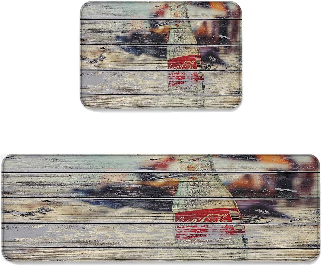 SODIKA Kitchen Mats and Rugs 2 Pieces Non-Slip Soft Kitchen Mat Bath Rug Doormat Runner Carpet Set,Coke Bottle Rustic Wooden Plank 15.7x23.6in+15.7x47.2in