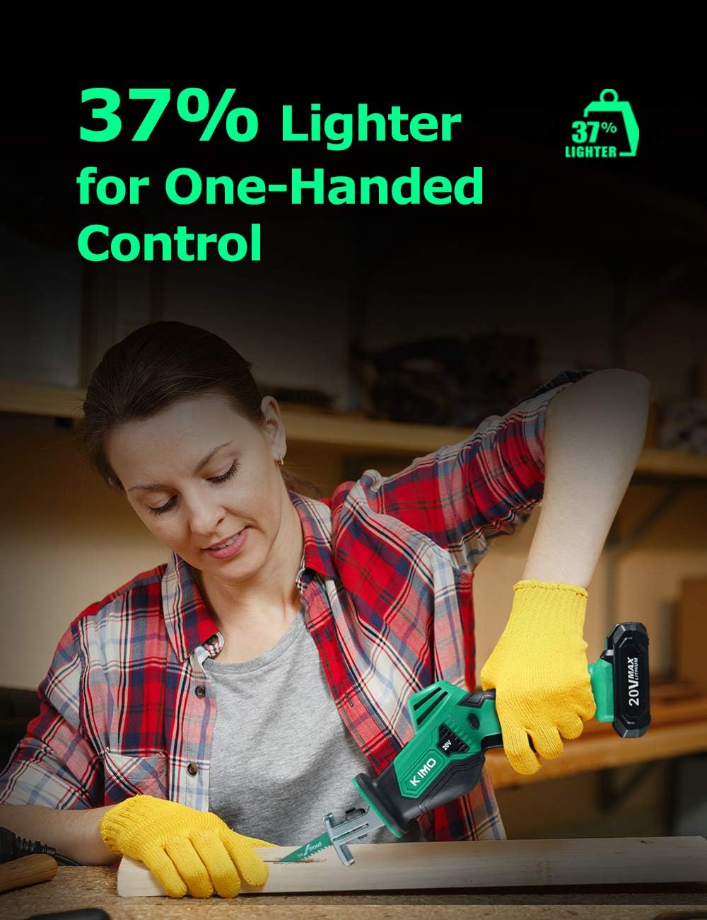 KIMO 20V Cordless One-handed Reciprocating Saw w/Clamping Claw for Smooth Cuts, 2.0Ah Li-ion Battery, 7/8" Stroke Length, 6 Saw Blades for Wood/Metal/PVC Pipe Cutting, Tree Trimming, Demolition - - 