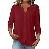 Zeagoo Button Down Shirts for Women 3/4 Sleeve Linen Cotton V Neck Tops Dressy Casual Loose Work Blouses