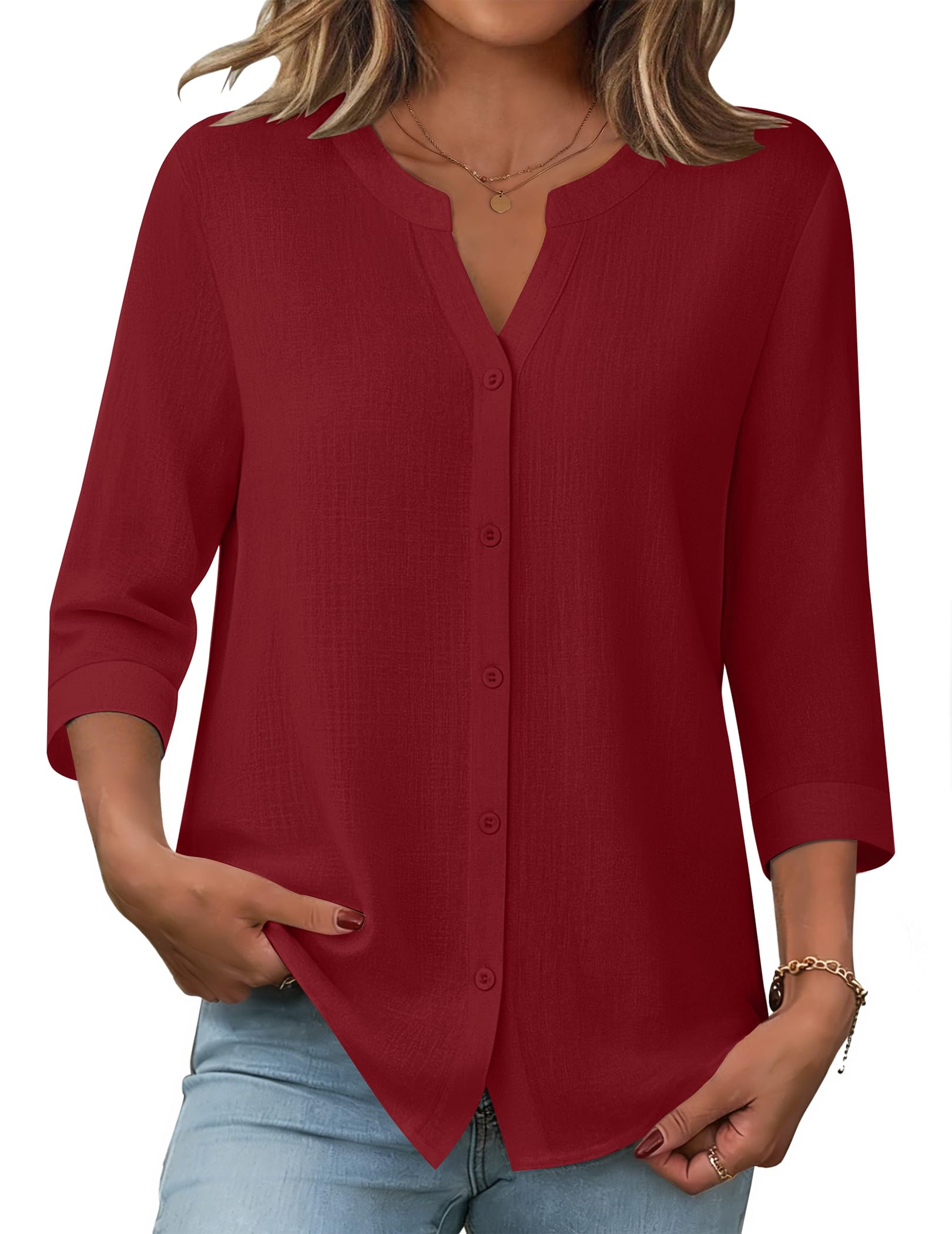 Photo 1 of Zeagoo Button Down Shirt Women Linen Tops Summer Red Three Quarter Sleeve Blouses Spring Work Outfits Wine Red L