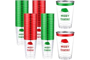 Potchen 30 Pcs Merry Friendsmas Christmas Friendsmas Party Plastic Cups 12 oz Reusable Christmas Tumblers Clear Santa Drinking Cups Xmas Red Green Tumblers for Xmas Holiday Party Supplies