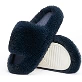 Chantomoo Women's Blue Memory Foam Faux Fur Lined Open Toe Slippers for Women - US 12