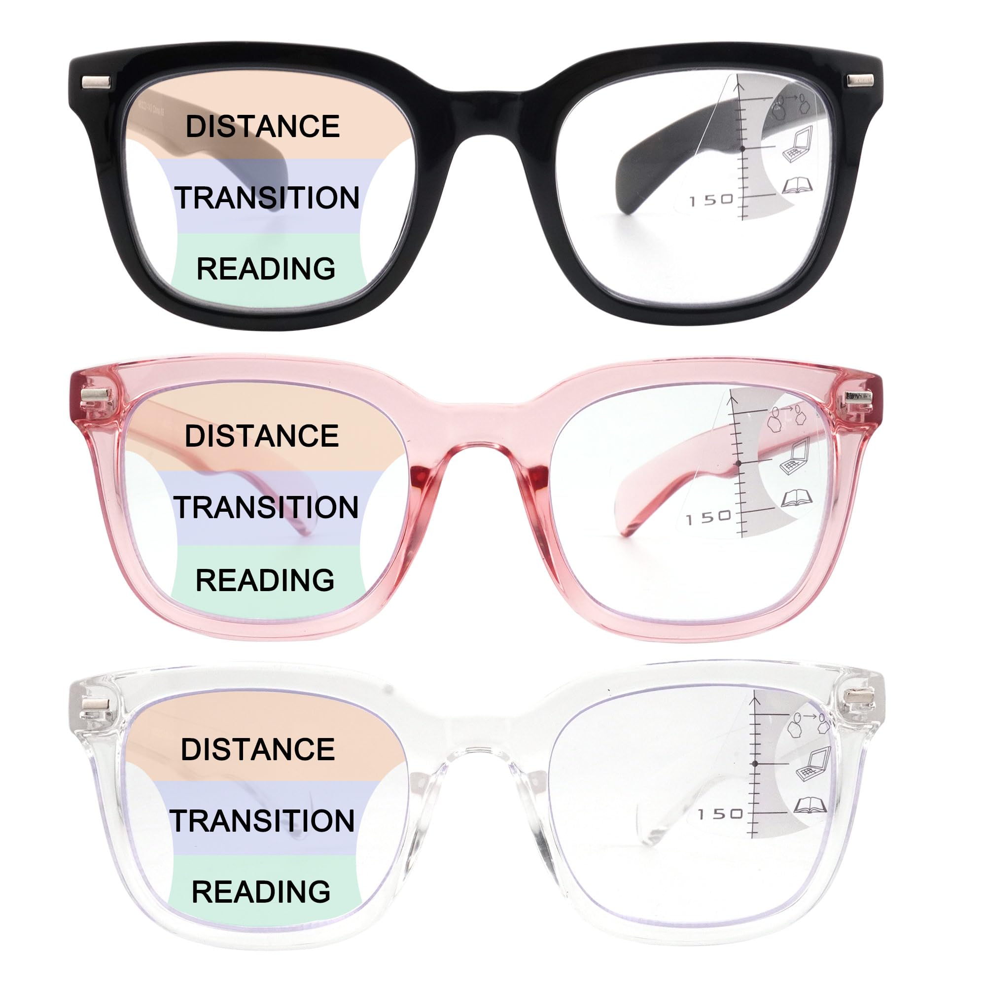 Photo 1 of Caeyer 3 Pack Progressive Multifocal Reading Glasses For Women,Rectangle Frame + Wide-curved Temples With Metal Spring Hinge2x