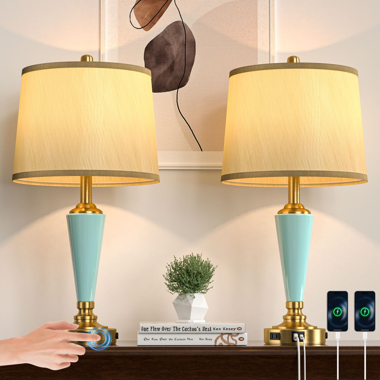 Photo 1 of SAIWEYA 24" Ceramic Table Lamp with 3 Way Dimmable Touch Lamps - 2 USB Ports & AC Outlet Bedside Lamps, Modern Nightstand Lamp for Bedroom Living Room Office (Bulb Included) (Sky Blue-2 Pack)