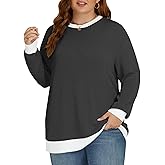 VISLILY Women's Plus Size Tops Casual Long Sleeve T Shirts Fashion Color Block Loose Fit Cute Crewneck Tunics 3X Black