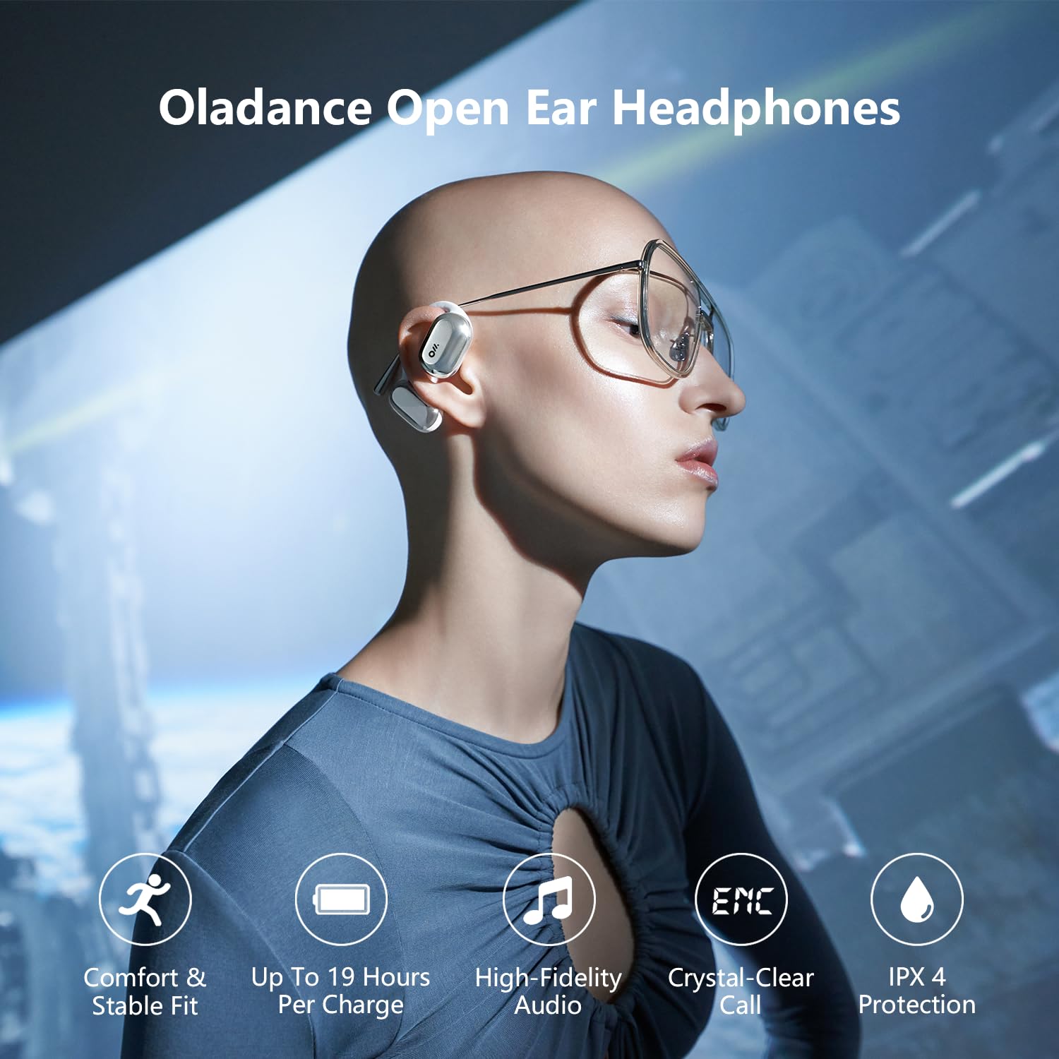 Oladance OWS1 Open Ear Headphones, Wireless Bluetooth 5.2 Headphones Air Conduction, Up to 16 Hours Battery Life with Carry Case, High Sound Quality with Dual 16.5mm Drivers Space Silver