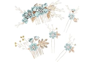 FRIUSATE 5 PCS Wedding Hair Piece Bridal Hair Comb, Blue Flower Rhinestone Hair Accessories Handmade Pearl Crystal Floral Leaf Hair Clip for Women Girls Bride Bridesmaids Prom Wedding Party(Cyan)