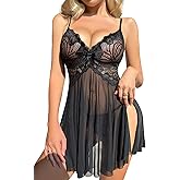 ADSEXY Women's Lingerie Sexy Chemise Babydoll Dress Sheer Floral Lace Split Hem Nightdress with Panty Mesh Nightgown
