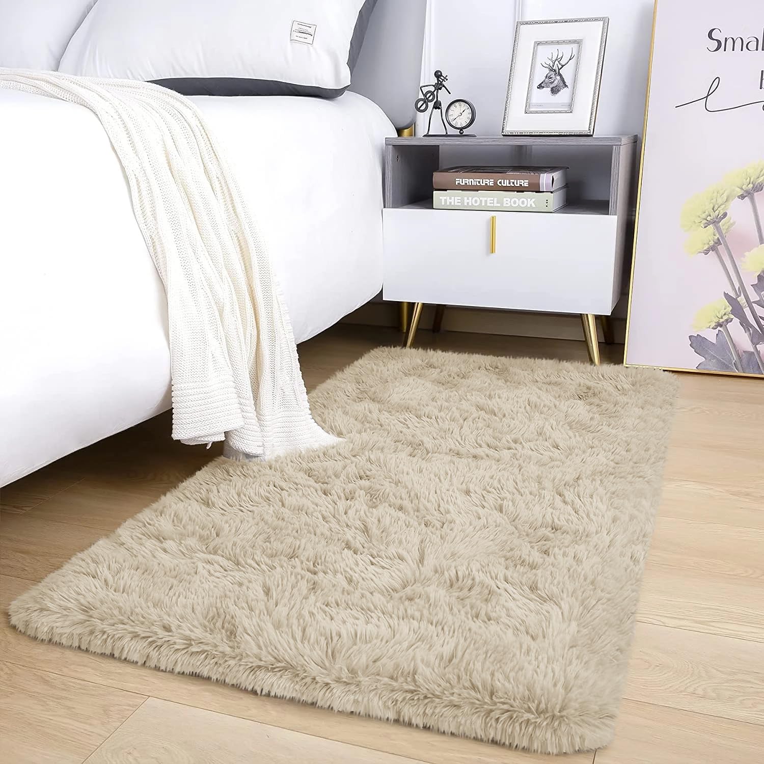AMEHA Cream Shaggy Rug 60x110 cm Fluffy Soft Non Slip Runner Hallway Bedroom Carpet Non-Shedding
