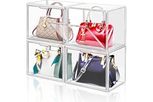 DILIBRA 4 Packs Clear Plastic Handbag Storage Organizer for Closet, Acrylic Display Case for Purse and Handbag, Stackable Storage Boxes Bag Organizer with Magnetic Door for Purse Clutch Wallet Hats