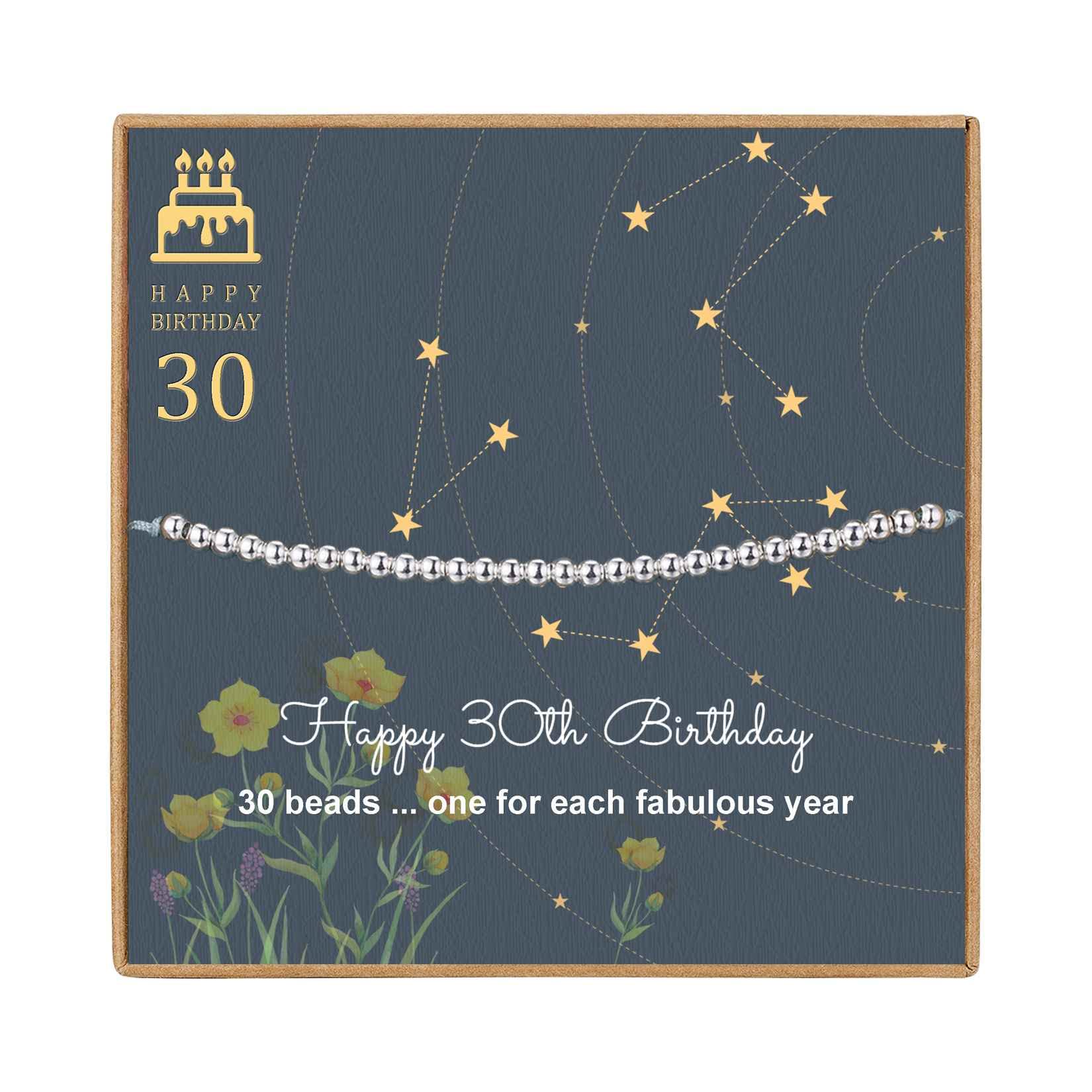 AnalysisyLove 30th Birthday Gifts for Women - Sterling Silver Bead Bracelet for 30th Birthday Gift, Adjustable Jewelry 7" - 9" Cord