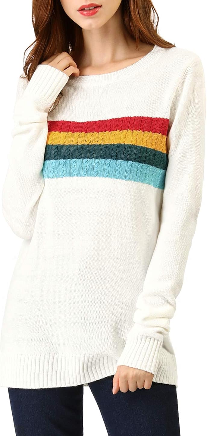 white sweatshirt with rainbow stripe