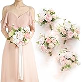 Ling's moment Artificial Bridesmaid Bouquets Set of 4,Pink Wedding Flower Bouquets Blush & Cream Floral Bouquet White Rose Bridal Bouquets with Ribbon,Ceremony,Anniversary,7-inch Diameter