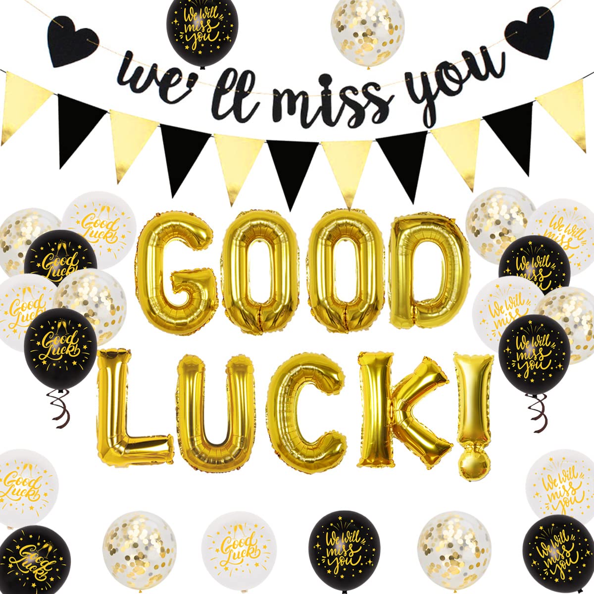 Kreatwow We Will Miss You Decorations Black and Gold Good Luck Banner Balloons for Sorry Your Leaving Goodbye Retirement Farewell Going Away Travelling Decorations, Graduation Congratulations Party