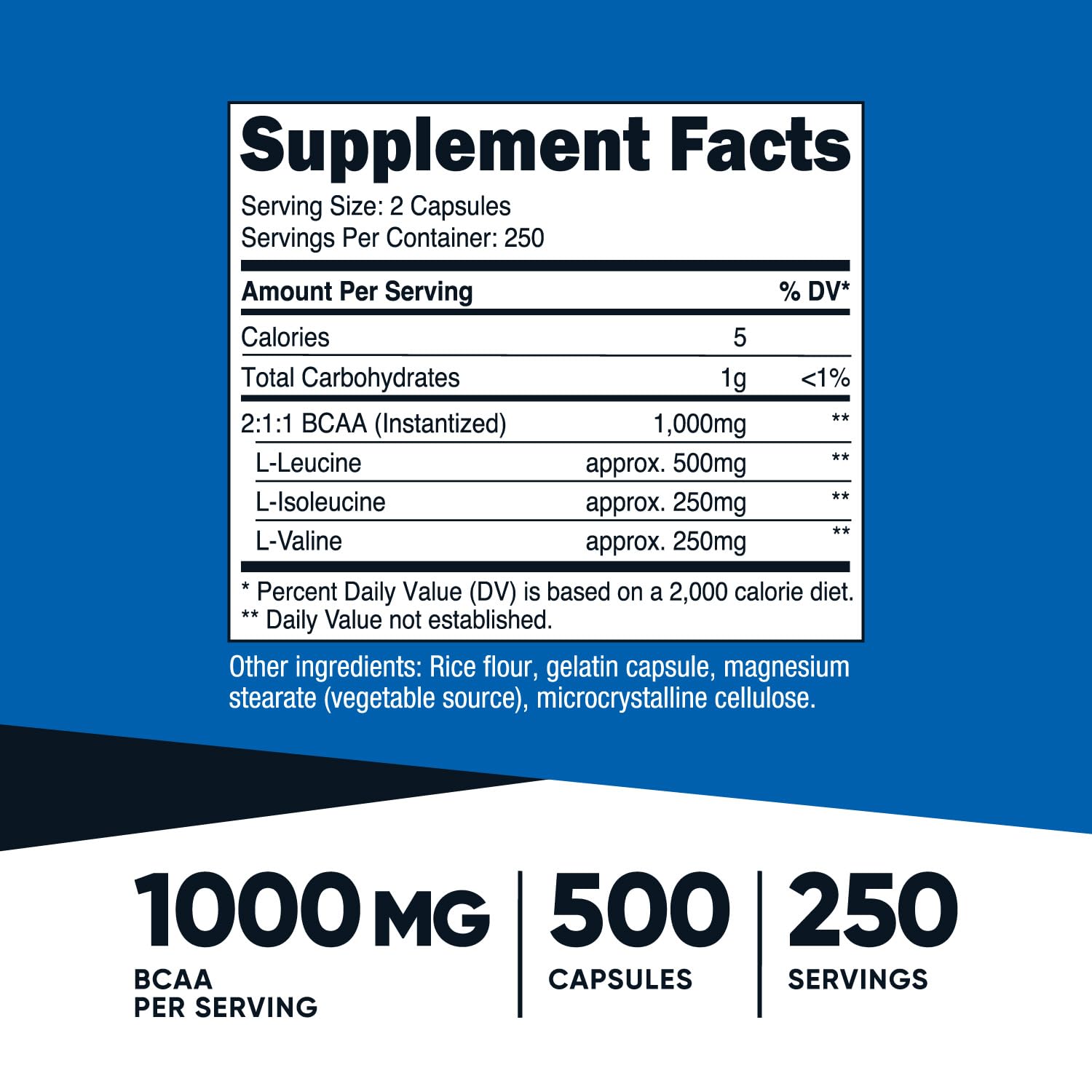 nutricost bcaa 1000mg, 500 capsules , 2:1:1 branched chain amino acids  